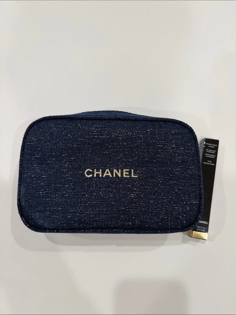 CHANEL Navy Glitter Logo Cosmetic Pouch
